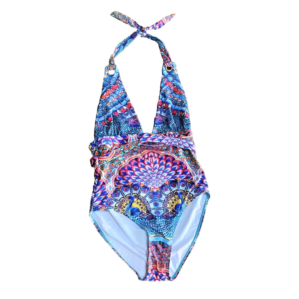 True Colours size M One Piece Swim Suit Halter Multicolor Peacock Print Sparkles